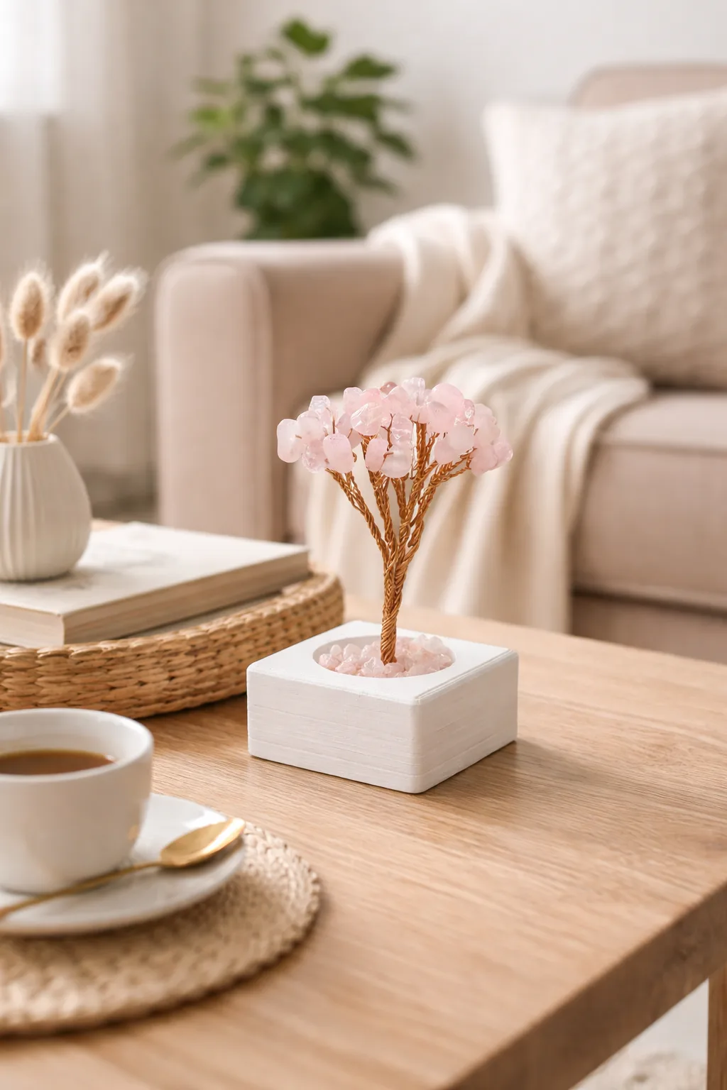 Pembe Kuvars Doğal Taş Enerji Ağacı – Aşk ve Sevgi Taşı Dekoratif Doğal Taş Ağaç