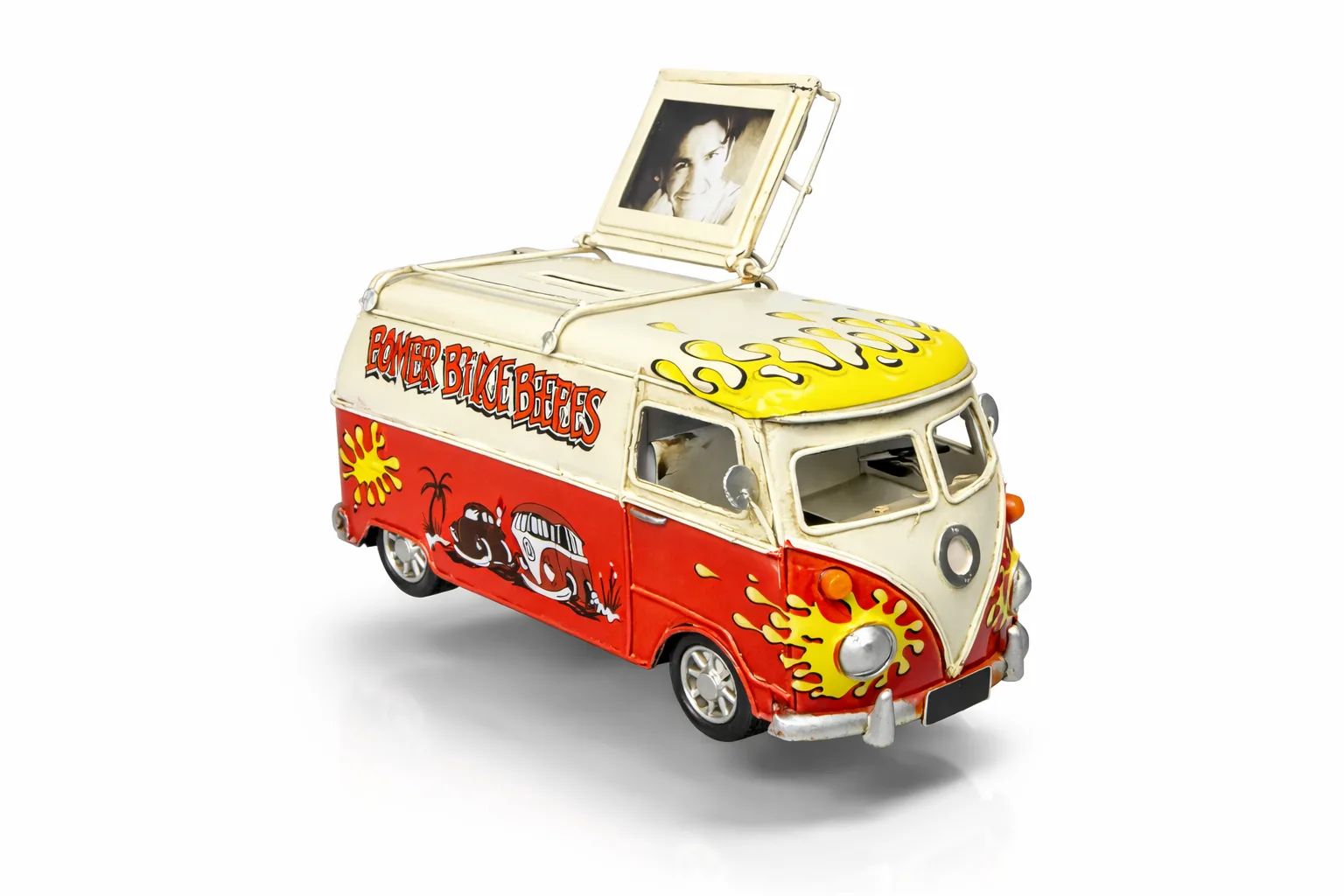 Dekoratif Metal Minibüs – Çerçeveli ve Kumbaralı Nostaljik Araba Dekoru