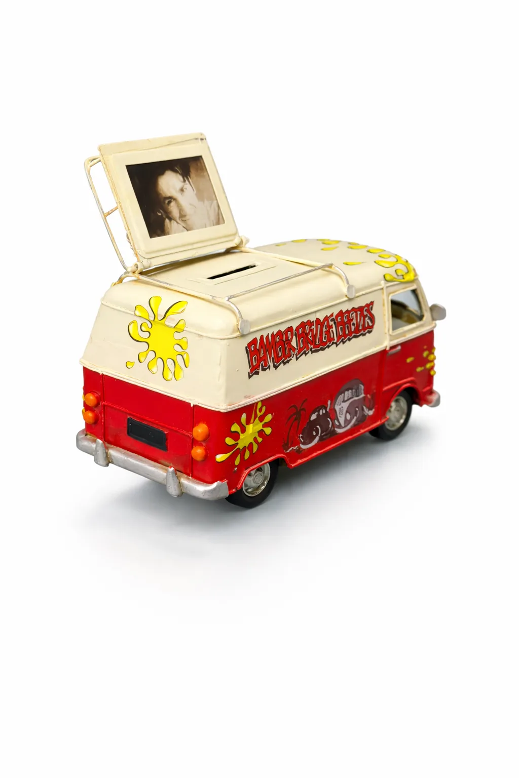 Dekoratif Metal Minibüs – Çerçeveli ve Kumbaralı Nostaljik Araba Dekoru