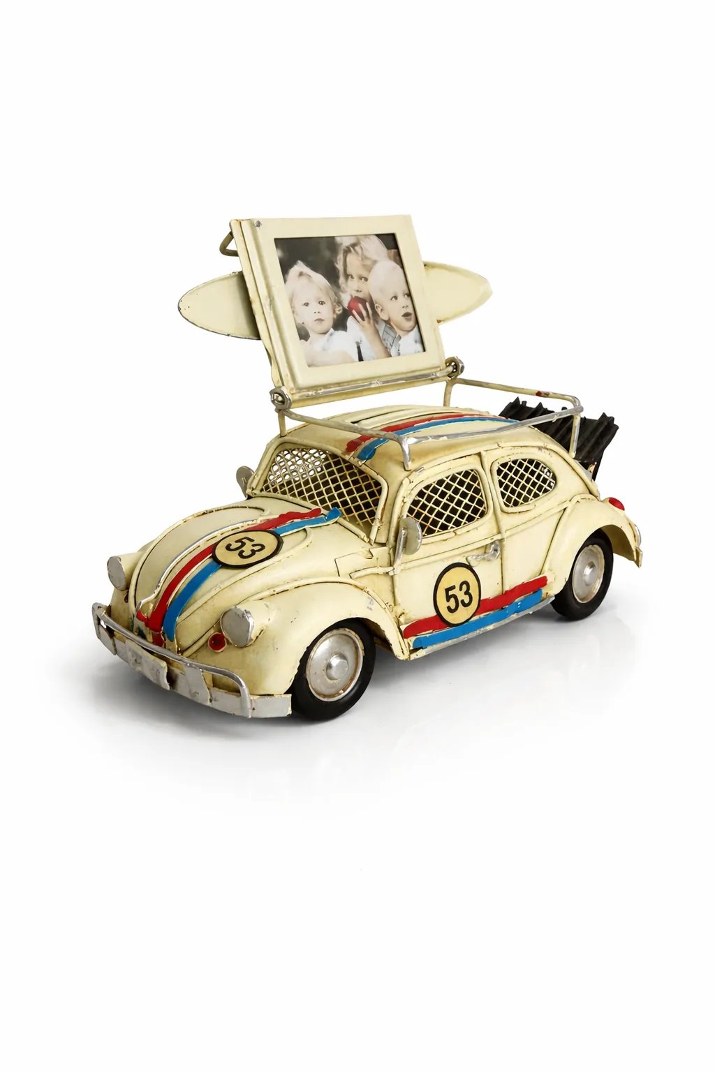 Dekoratif Metal Çerçeveli ve Kumbaralı Araba Modeli – Nostaljik Retro Masa & Ofis Dekoru