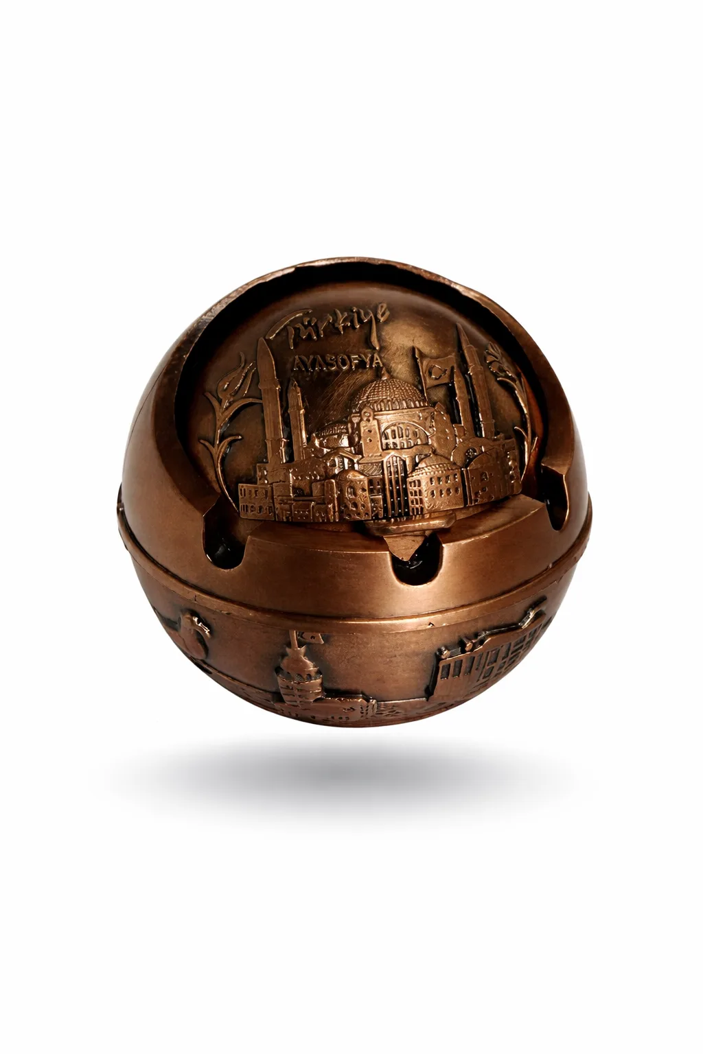 Ayasofya Kabartmalı Bakır Görünümlü Metal Küllük – Kapaklı Dekoratif Masa Üstü