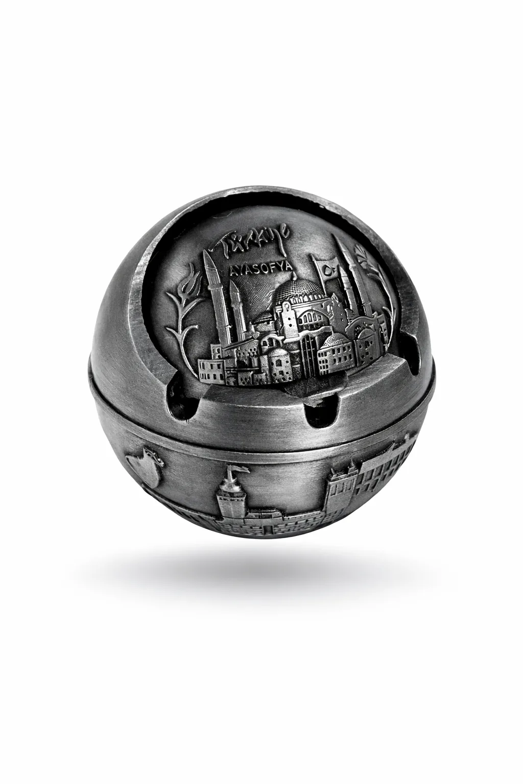 Ayasofya Kabartmalı Bakır Görünümlü Metal Küllük – Kapaklı Dekoratif Masa Üstü