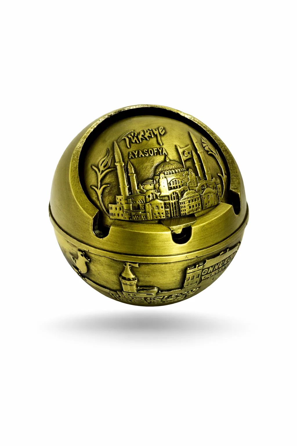 Ayasofya Kabartmalı Bakır Görünümlü Metal Küllük – Kapaklı Dekoratif Masa Üstü