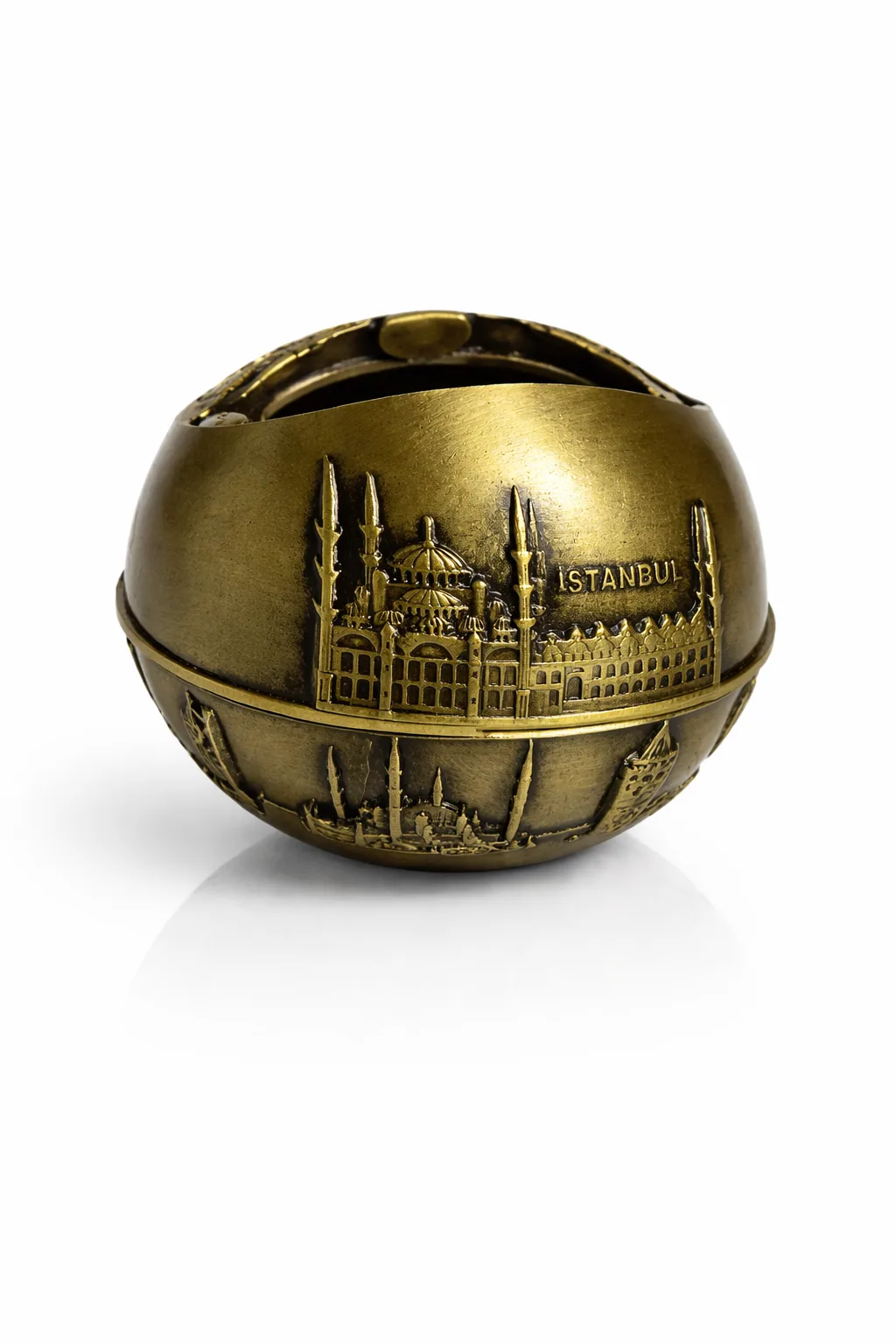 Ayasofya Kabartmalı Bakır Görünümlü Metal Küllük – Kapaklı Dekoratif Masa Üstü görsel 3